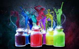 Bottles colored liquid pouring figure - vivid color free wallpaper