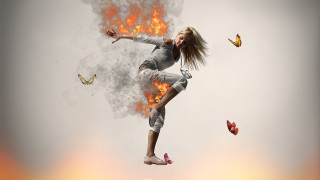 Woman flying butterflies fire background - dan hillier free wallpaper