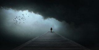 Person dock storm birds flying - overhead in the sky above free wallpaper