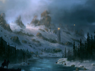 Snowy mountain river castle sky - anato finnstark free wallpaper