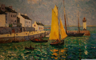 Harbor boats houses lighthouse cloudy - impressionist painting free wallpaper