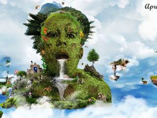 Man trees clouds waterfall digital 2 - digital art free wallpaper for desktop