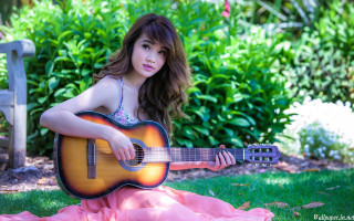 Girl dress guitar garden bench - bush free wallpaper