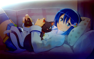 Girl laying bed cat lap - her lap and a cat free wallpaper