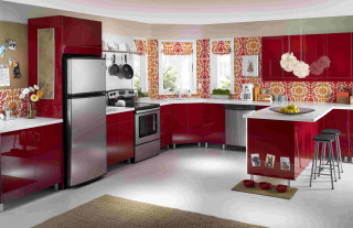 Kitchen red cabinets silver refrigerator - rich vivid color free wallpaper