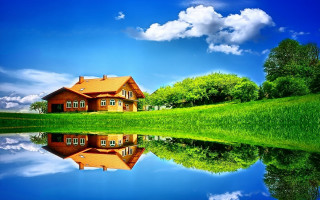 House reflection lake green field 4 - a green field and trees free wallpaper