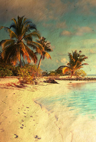 Beach palm trees boat water 2 - photorealistic imagery free wallpaper for mobile