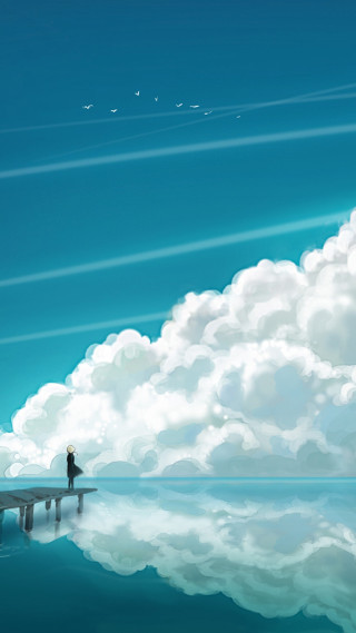 Person standing dock lake sky - plein air free wallpaper for mobile