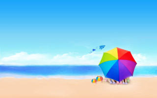 Colorful umbrella sandy beach ocean 2 - a kite free wallpaper