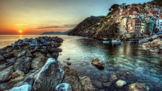 Sunset coast town water rocks - rock and boulders free wallpaper