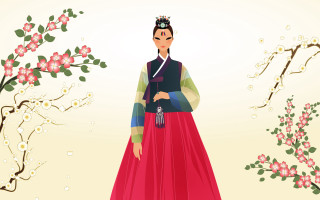 Woman red dress tree pink - byeon sangbyeok free wallpaper