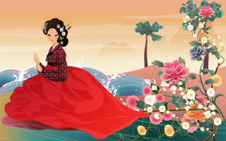 Woman red dress rock flowers - byeon sangbyeok free wallpaper