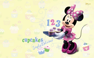 Minnie mouse holding tray cupcakes - side and a number free wallpaper