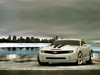 White car ocean city skyline - concrete free wallpaper