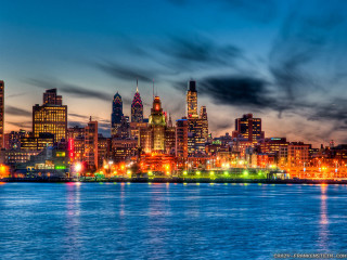 City skyline lake night lights 6 - free city wallpaper