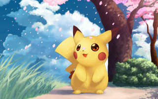 Pikachu standing forest pink flowers - chen chi free wallpaper