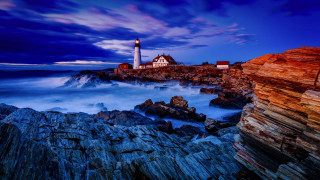 Lighthouse rocky shore blue sky 2 - bascove free wallpaper