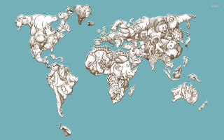 World map animals blue background - illustration free wallpaper
