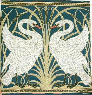 Swans blue background gold border - two swan free wallpaper