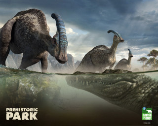 Dinosaurs walking river forest trees - a river next free wallpaper