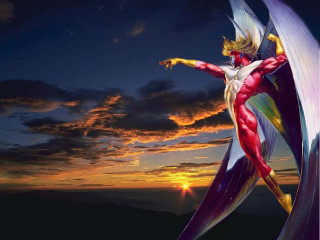 Heroic man flying beach city - heroic pose free wallpaper