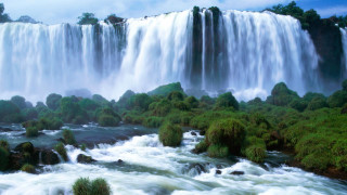 Large waterfall water flowing trees - side and trees free wallpaper