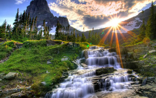 Waterfall mountain sunshine trees foreground - side and trees free wallpaper