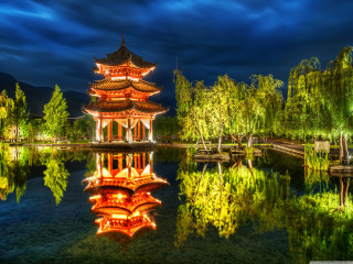 Pagoda lit night sky pond - a pagoda free wallpaper