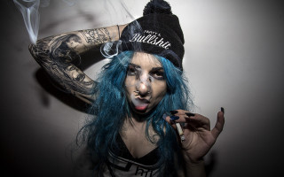Aramenta bluehair hat smoking portrait - her mouth free wallpaper