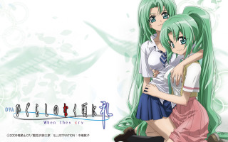 Anime girls hug green background - a white background behind them free wallpaper