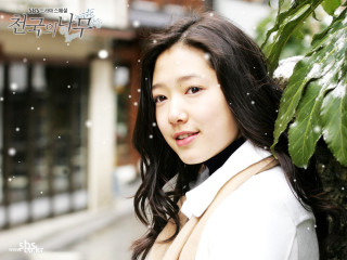 Woman tree snow falling building - byeon sangbyeok free wallpaper