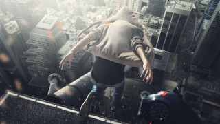 Man walking tall building hands - his foot free wallpaper