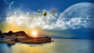Sunset hotairballoons water town cliff 2 - hot air balloon free wallpaper