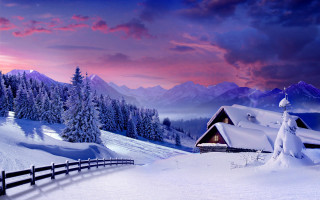 Snowy cabin fence pink sky - beautiful landscape free wallpaper
