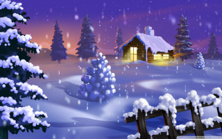 Snowy cabin fence night sky 5 - star free wallpaper