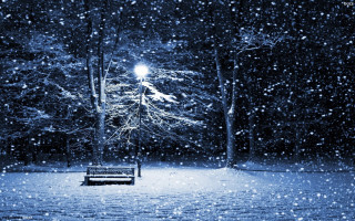 Snowy bench night streetlight magical - a street light in the background free wallpaper
