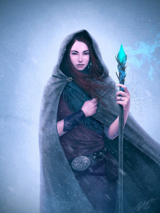 Woman cloak green staff snow - free fantasy wallpaper for mobile