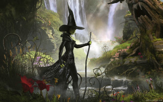 Witch costume staff forest waterfall - matte fantasy painting free wallpaper
