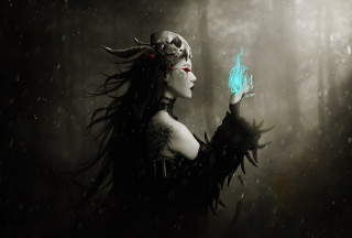 Woman skull headdress blue fire - the dark forest free wallpaper
