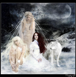 Women snow wolf couple friends - free fantasy wallpaper for tablet