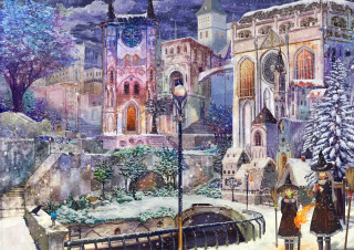 City street people snow church - kinkade free wallpaper