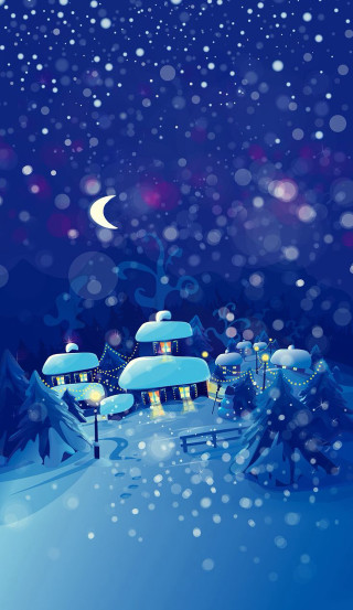Snowy night house trees crescent - free winter wallpaper for mobile