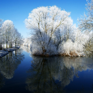 River trees blue sky clouds 2 - free winter wallpaper for tablet