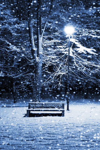 Bench park snow night streetlight - free winter wallpaper for mobile