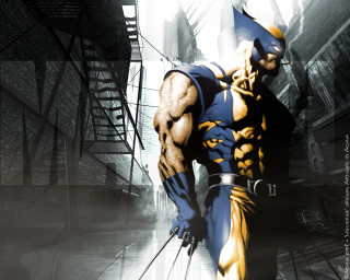 Man blue yellow costume sword - his hand and a building in the background free wallpaper