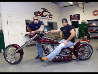 Two men motorcycle garage standing - two man free wallpaper