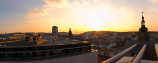 City skyline clock tower sunset - a few building free wallpaper
