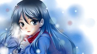 Girl blue hair scarf snow - anime art style free wallpaper