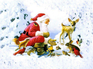Santa claus sitting snow animals - thomas kindkade free wallpaper