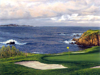 Golf course ocean rocky cliff - realistic painting free wallpaper